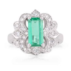 Long Emerald Cut Emerald and Diamond Art Deco Dress Ring