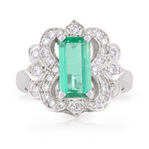 Long Emerald Cut Emerald and Diamond Art Deco Dress Ring