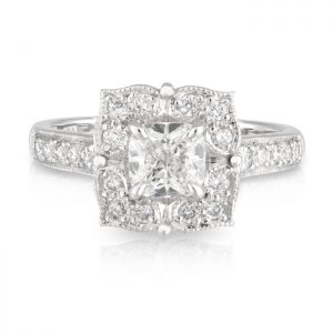 Cushion Cut Art Deco Floral Halo Engagement Ring