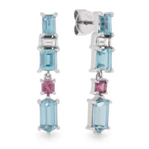 Geometric Blue Zircon, Hot Pink Spinel and Diamond Drop Earrings