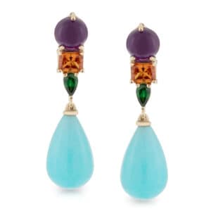 Cabachon cut Amethyst, Orange Sapphire, Tsavorite Garnet and Amazonite Drop Earrings