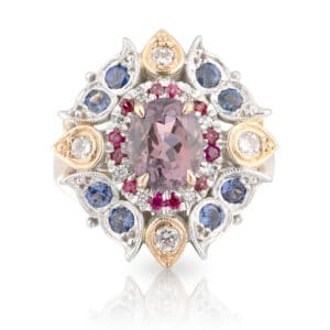 Oval Morganite, Purple and Blue Sapphire, Pink Spinels and Diamond Dress Ring