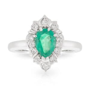 Pear shaped Emerald with Diamond Art Deco Halo