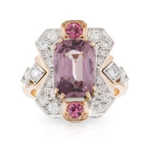 Mauve Spinel Centre, Hot Pink Spinel accents and Diamond Art Deco Engagement Ring