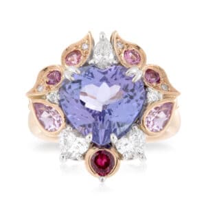 Tammy Style Tanzanite Heart with Art Deco leaf style halo with Pink Sapphires, Pink Spinels and Heart Shaped Diamonds