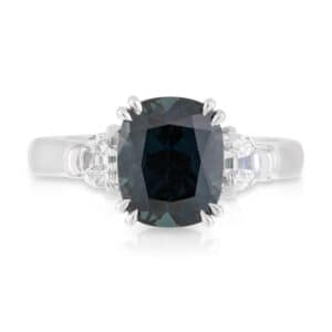 Cushion Cut 3.68ct Blue/Green Sapphire with Half Moon Shoulder Diamond Engagement Ring