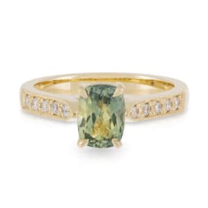 Cushion Cut Australian Green/Yellow Parti Sapphire and Diamond Engagement Ring