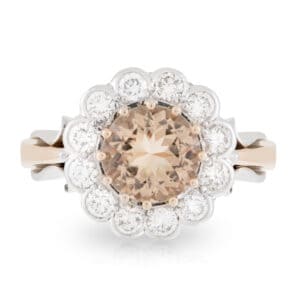 Round Brilliant Cut Morganite with Diamond Halo and Scroll features Ring
