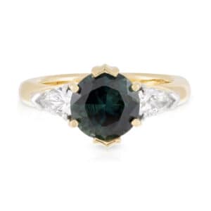 Australian Green/Blue Parti Sapphire with Pear Shaped Diamond shoulders Engagement Ring