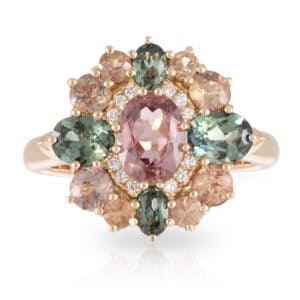 Willowbrook Spinel Sapphire and Diamond Ring with Leaf pattern in basket