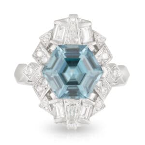 'Elsa' Platinum and Hex shaped Blue Zircon and Diamond Ring