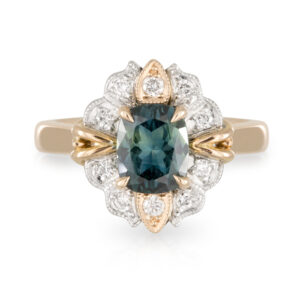 18ct Rose and White Gold Cushion Cut 1.49ct Australian Parti Sapphire with Art Deco Diamond Halo Ring