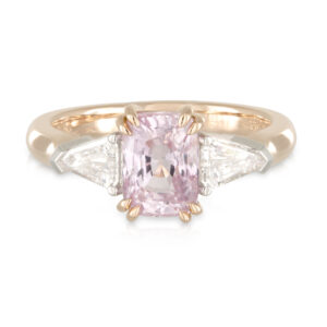 18ct Rose and White Gold Cushion Cut 2.51ct Peach Sapphire and Bullet shoulder diamonds Engagement Ring