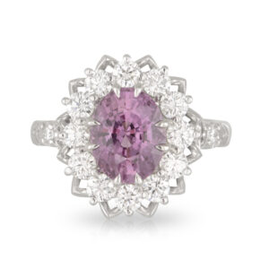 18ct White Gold Oval 3.08ct Pink Ceylon Sapphire and Diamond Art Deco 'Lotus' Style Ring
