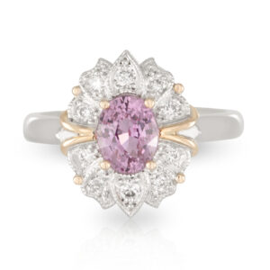 18ct White and Rose Gold Oval 1.15ct Ceylon Pink Sapphire with Art Deco Diamond Halo Ring