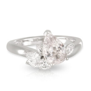 18ct White Gold  Asymmetrical 1.68ct Pear Sapphire and Pear Diamond Ring with hand engraved leaf feature