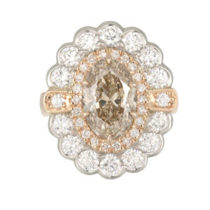 18ct White and Rose Gold 3.01ct Oval C3 Diamond with double halo Engagement Ring with Wing Basket Detail and Alexandrites