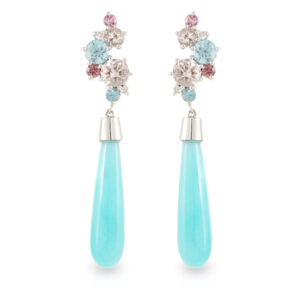 18ct White Gold 'Bubble' Pink Morganite, Spinel, Blue Zircon and Diamond Earrings with Amazonite Drops