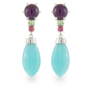 9ct White Gold Amethyst, Tsavorite Garnet, Hot Pink Spinel and Amazonite Drop Earrings