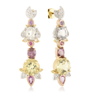 Lemons and Peonies Transitional Earrings - 18ct White and Yellow Gold Sapphire, Spinel, Helidor and Diamond