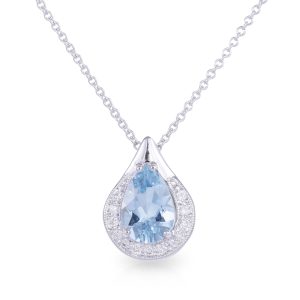 18ct White Gold Pear Shaped Aquamarine and Diamond Halo Pendant on a 9ct White Gold Chain.