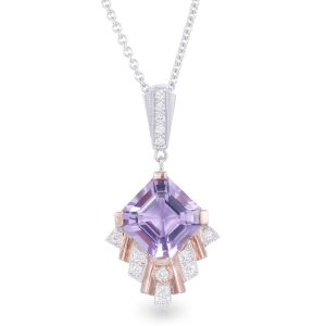 9ct Rose and White Gold 4.00ct Asscher cut Amethyst and Diamond Pendant on a 50cm Trace Chain. TDW 0.19ct.