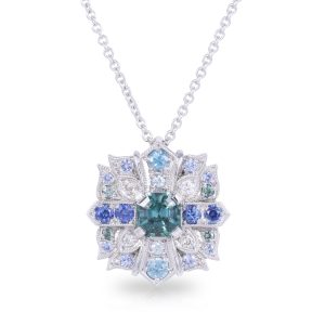 18ct White Gold Atlantis Pendant with Teal Tourmaline Centre stone, Blue Ceylon Sapphires, Alexandrites, Blue Zircons and Diamonds