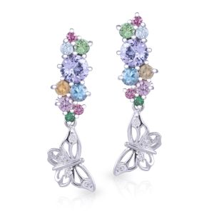 18ct White Gold Borboleta Fruit Salad Earrings with Blue Sapphire, Tsavorite Garnet, Spinels, Mandarin Garnet, Zircon and Diamonds