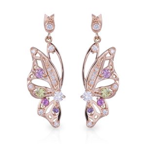 18ct Rose Gold Borboleta Wing shaped drop Earrings with Yellow/Pink/Hot Pink/Purple Ceylon Sapphires and Diamonds. TDW 0.43ct.