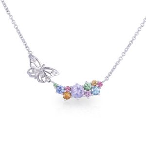 18ct White Gold Borboleta Fruit Salad Pendant with Blue Sapphire, Tsavorite Garnet, Spinels, Mandarin Garnet, Zircon and Diamonds fixed on a trace chain.