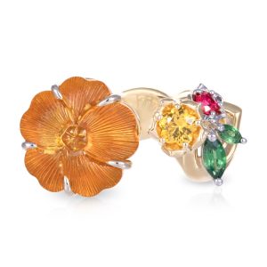 9ct Yellow Gold 10.52ct Hand Carved Citrine Flower, Yellow Sapphire, Tsavorite Garnet and Red Spinel Dress Ring