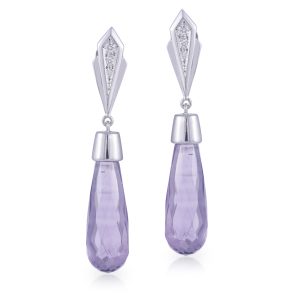 9ct White Gold Art Deco Pattern Diamond Tops with Briolette Amethyst Drop Earrings