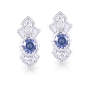 9ct White Gold Hazel style Blue Ceylon Sapphire and Diamond Art Deco Studs