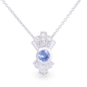 9ct White Gold Hazel style Pendant with Blue Ceylon Sapphire and Diamond Halo on a Trace Chain