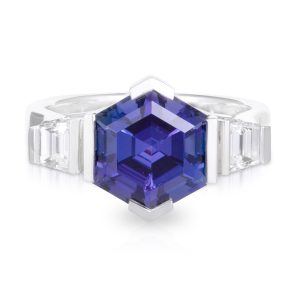 18ct White Gold 'Merelani' V2 4.55ct Hexagon cut Tanzanite with 2=0.56ct Trapezoid cut diamond shoulders Dress Ring