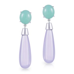 9ct White Gold Oval Cabachon cut Chrysoprase and Cabachon Amethyst Drop Earrings
