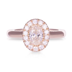 18ct Rose Gold Oval 0.50ct C1 Cognac Diamond with Diamond Halo. TDW 0.72ct.