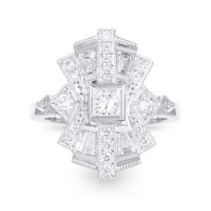 18ct White Gold Diamond Sunrise Ring with 0.30ct Princess Cut Centre and Geometric Halo. TDW 0.78ct