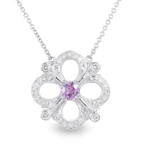 18ct White Gold Diamond and Pink Sapphire Pendant on a 50cm Trace Chain