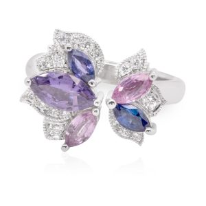 18ct White Gold 'Angelique' Ring with Marquise Purple, Pink and Blue Sapphires with Diamond Halo. TDW 0.15ct.