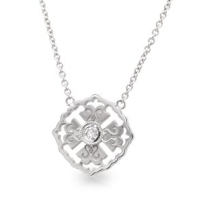 18ct White Gold Artisans Crest with 0.08ct Round Brilliant Diamond Centre