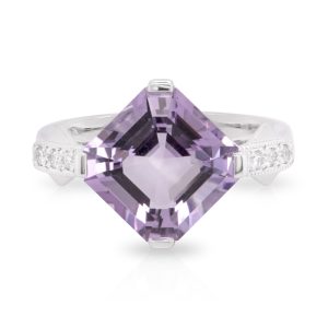 9ct White Gold 4ct Asscher Cut 4 Claw Amethyst with Diamond Shoulders Ring