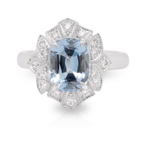 18ct White Gold Cushion Cut 2.52ct Aquamarine with Diamond Art Deco Halo. TDW 0.35ct.