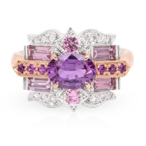 18ct White/Rose Gold Oval Purple Sapphire, Pink Spinel, Pink Sapphires and Diamond Ring. TDW 0.10ct.