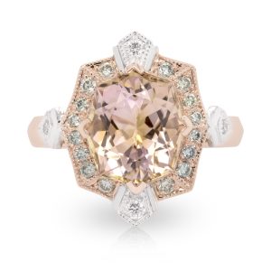 18ct Rose and White Gold 4.09ct Octagonal Cut Tourmaline with Pine Green and White Diamond Halo. TDW 0.25ct.