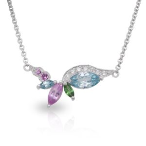18ct White Gold Angelique style Blue Zircon, Pink Sapphire, Tsavorite Garnet and Diamond Pendant.