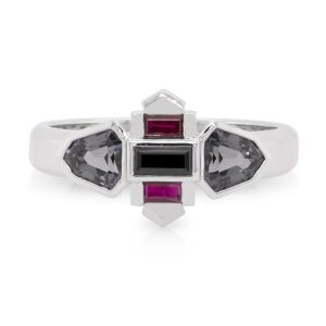 9ct White Gold Black Spinel, Ruby and Grey Spinel Dress Ring