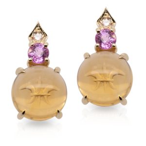 9ct Yellow Gold Fleur De Lise Cabachon cut Citrine, Pink Sapphire and Diamond Studs