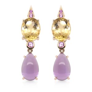9ct Yellow Gold Transitional Yellow Beryl, Pink Sapphire and removable Amethyst Drop Earrings