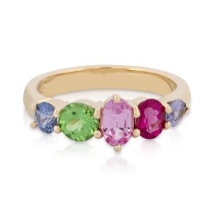 9ct Yellow Gold 'Fruit Salad' Ceylon Blue Sapphire, Tsavorite Garnet, Pink Sapphire, Pink Tourmaline and Purple Sapphire Stacker Ring